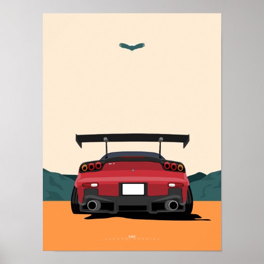 JDM Rode RX-7 Achteraanzicht Racende Auto Illustra Poster (Voorkant)