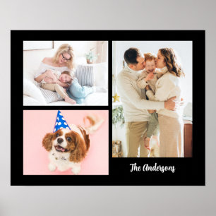 Je 3 familiefoto's en naam op zwart poster