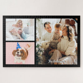 Je 3 familiefoto's & scriptnaam op zwart legpuzzel