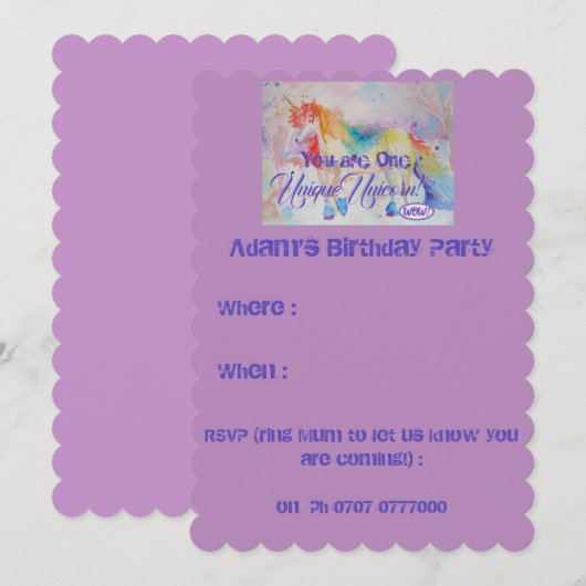 Je bent een unieke Unicorn! Birthday Uitnodiging (Voorkant / Achterkant)