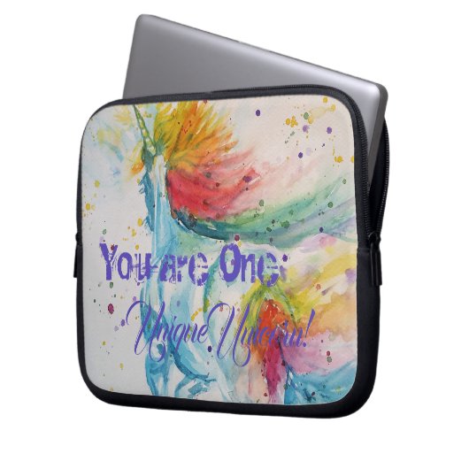 Je bent een unieke Unicorn! RegenboogWaterverf Laptop Sleeve (Voorkant Links)