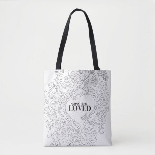 Je bent geliefd, zwart omlijnd patroon tote bag