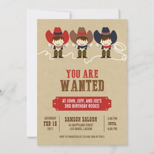 Je bent gewild Cowboy Triplets Birthday Invitation Kaart (Voorkant)