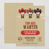 Je bent gewild Cowboy Triplets Birthday Invitation Kaart (Voorkant / Achterkant)
