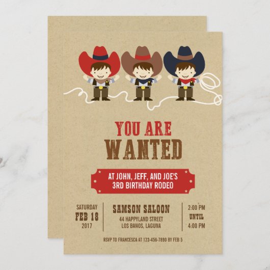Je bent gewild Cowboy Triplets Birthday Invitation Kaart (Voorkant / Achterkant)