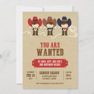 Je bent gewild Cowboy Triplets Birthday Invitation Kaart