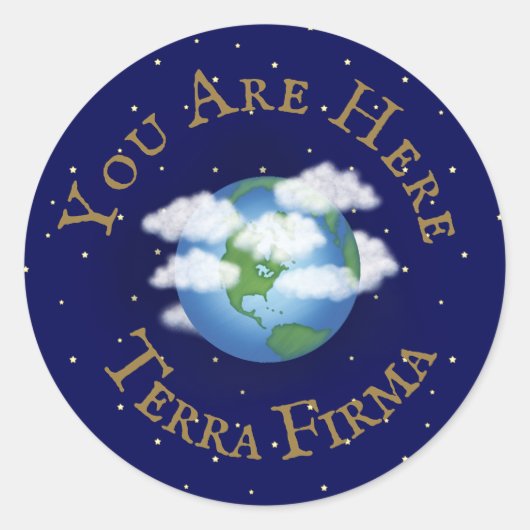 "Je bent hier - Terra Firma" Humoureuze Planet Ear Ronde Sticker (Voorkant)