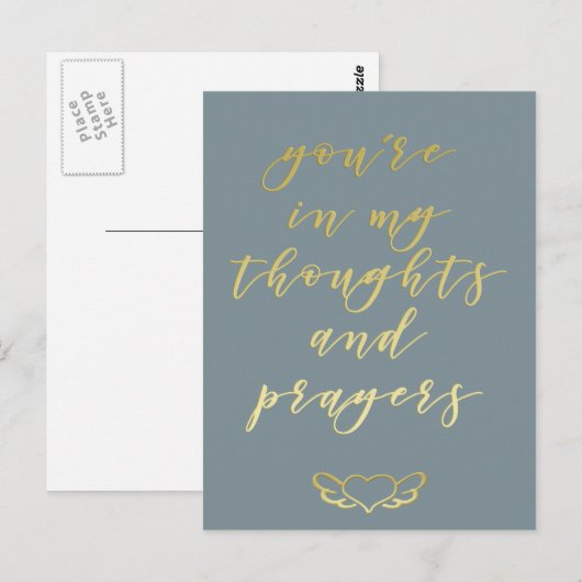 Je bent in mijn gedachten en gebeden blauw en goud briefkaart (Voorkant / Achterkant)