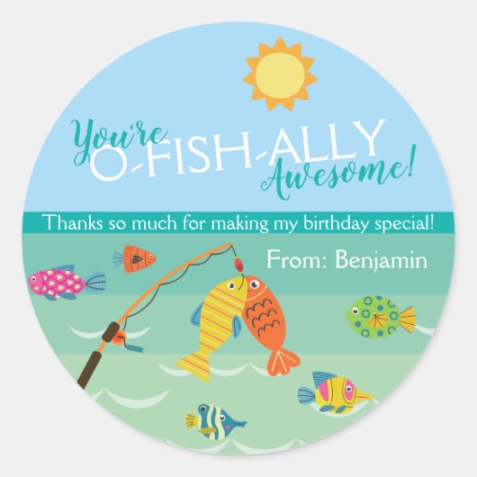 Je bent O-Fish-Ally uitgenodigd. Birthday Bedankt Ronde Sticker (Voorkant)