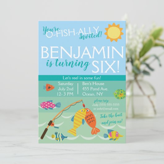 Je bent O-Fish-Ally uitgenodigd. Birthday Uitnodig Aankondiging (Staand voorkant)