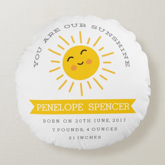 Je bent onze Sunshine - Nursery Baby Stats Pillow Rond Kussen (Voorkant)