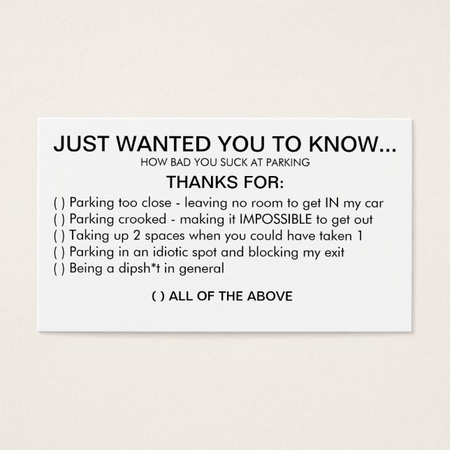 JE BENT SLECHT BIJ HET PARKEREN VISITEKAARTJES (Voorkant)