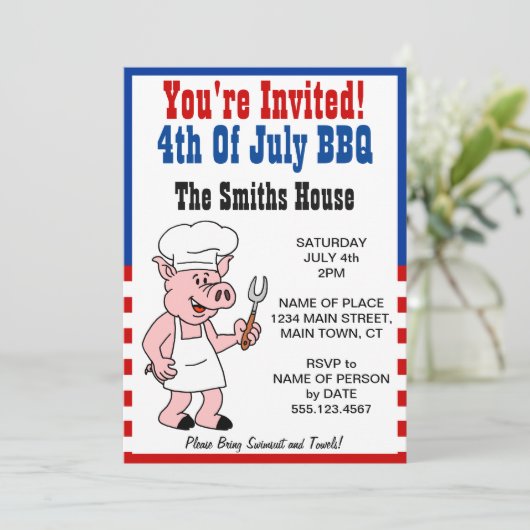 Je Bent Uitgenodigd 4 Juli BBQ Varken Cartoon Kaart (Staand voorkant)