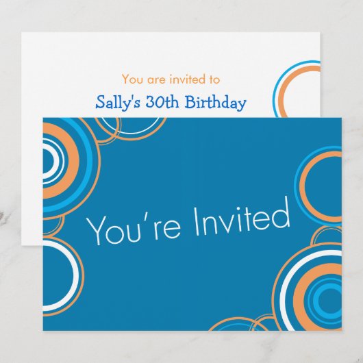 Je bent uitgenodigd - Blauwe en Oranje cirkels Kaart (Voorkant / Achterkant)