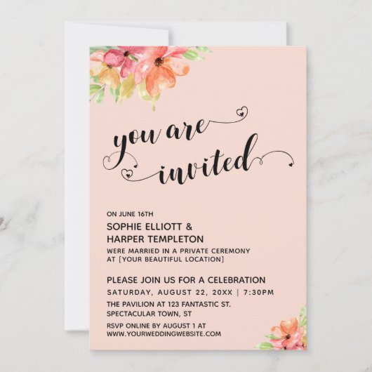 Je Bent Uitgenodigd Hartjes Script Roze Bloemen Kaart (Voorkant)