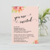 Je Bent Uitgenodigd Hartjes Script Roze Bloemen Kaart (Staand voorkant)
