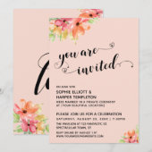 Je Bent Uitgenodigd Hartjes Script Roze Bloemen Kaart (Voorkant / Achterkant)