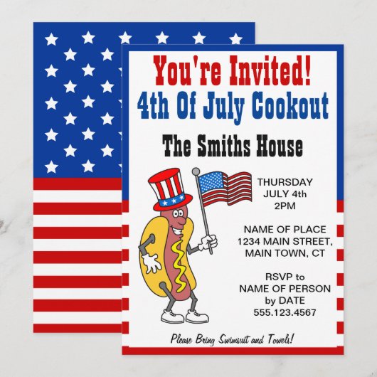 Je bent uitgenodigd op 4 juli Cookout Hot Dog Funn Kaart (Voorkant / Achterkant)