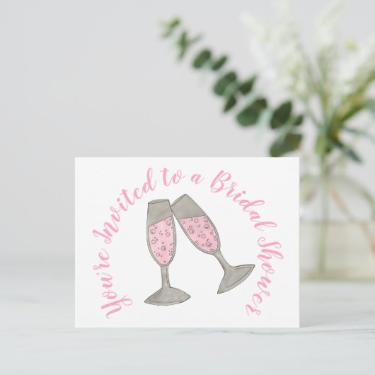 Je Bent Uitgenodigd Roze Champagne Glas Bruids Bru Uitnodiging Briefkaart (Staand voorkant)