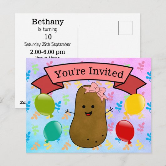 Je bent uitgenodigd voor de Aardappe Birthday Girl Feestdagenkaart (Voorkant / Achterkant)