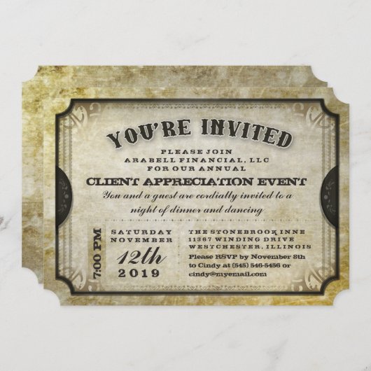 Je bent uitgenodigd voor Gold Antiek Ticket Genera Kaart (Voorkant / Achterkant)