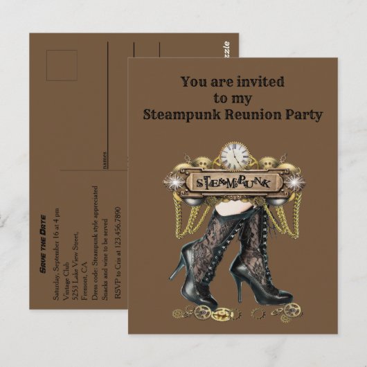 Je bent uitgenodigd voor mijn Steampunk reüleparty Briefkaart (Voorkant / Achterkant)
