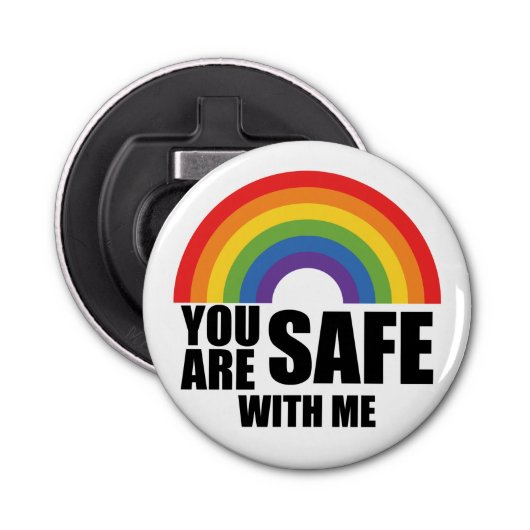 Je bent veilig bij mij LGBTQ Rainbow Pride Button Flesopener (Voorkant)