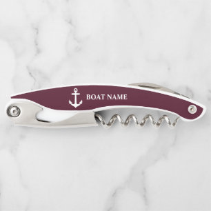 Je Boat naam Nautical Anchor Burgundy en White Kurkentrekker