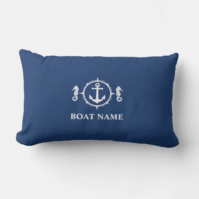 Je Boat naam Seahorse Anchor Navy Blue White Buitenkussen (Voorkant)