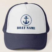 Je Boat Name Navy White Rope & Anchor Trucker Pet (Voorkant)