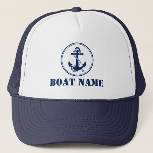 Je Boat Name Navy White Rope & Anchor Trucker Pet (Voorkant)