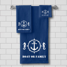 Je boot of familienaam Seahorse Anchor Navy Blue Bad Handdoek
