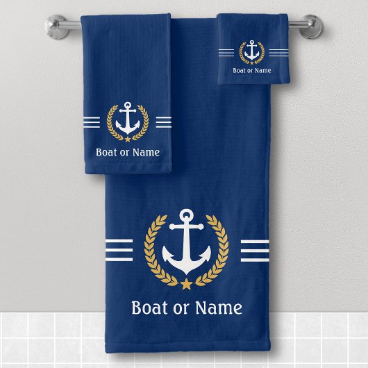 Je boot of naam Anchor Gold Laurel Stripes Navy Bad Handdoek