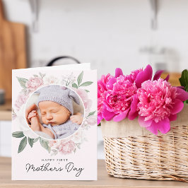 Je eerste Moederdag Pioen Bloemen Foto Kaart