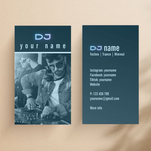 Je eigen DJ-foto techno blauwe Visitekaartje