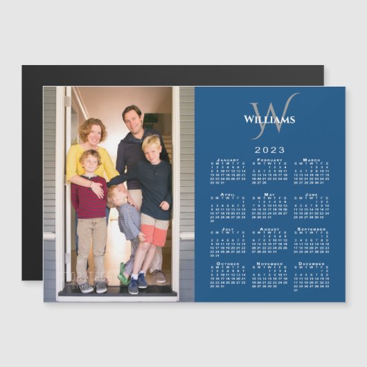 Je foto 2023 kalender monogram naam blauw magneet (Voorkant / Achterkant)