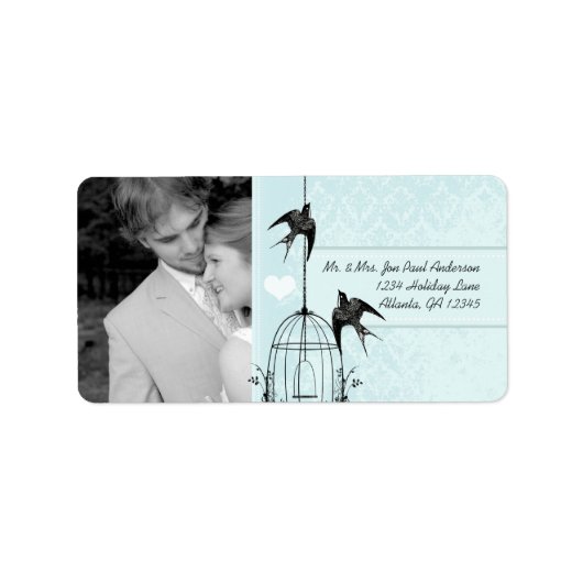 Je foto bruiloft  Bird Cage Aqua Damask Etiket (Voorkant)