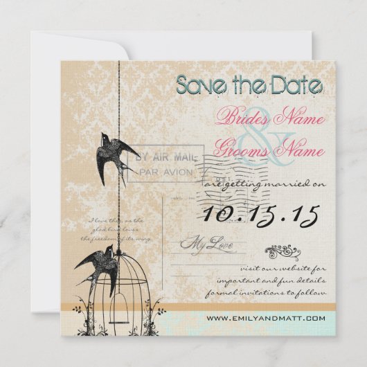 Je Foto Damask Bird Cage Weddenschap Save the Date (Voorkant)