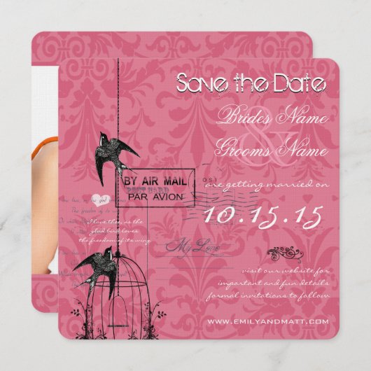 Je Foto Damask Bird Cage Weddenschap Save the Date Kaart (Voorkant / Achterkant)