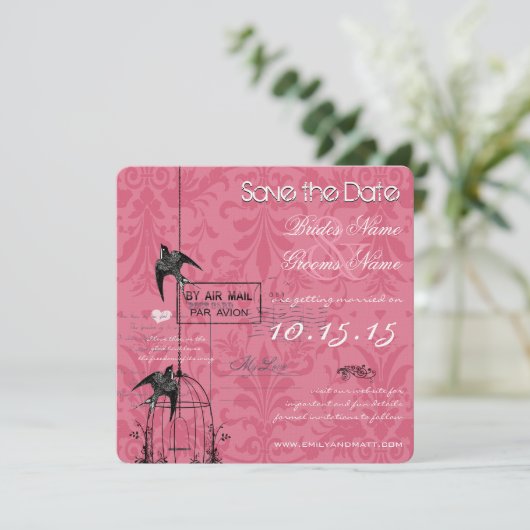 Je Foto Damask Bird Cage Weddenschap Save the Date Kaart (Staand voorkant)