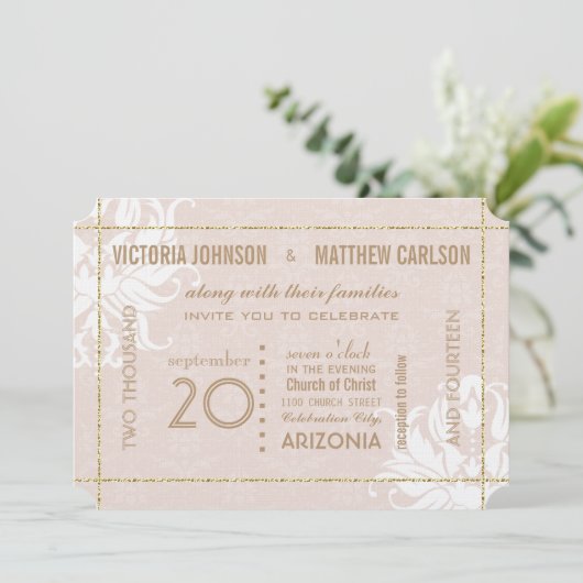 Je foto Gold Roos Damask Floral Wedding Kaart (Staand voorkant)