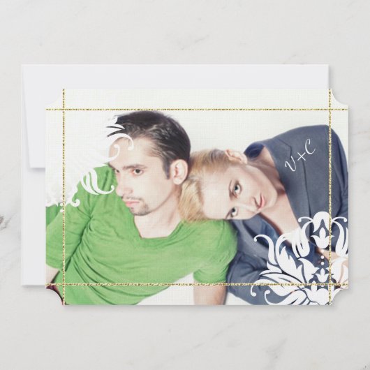 Je foto Gold Roos Damask Floral Wedding Kaart (Achterkant)