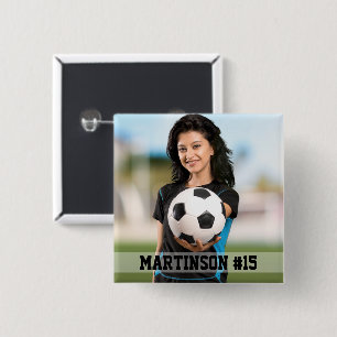 Je foto op een aangepaste voetbal- of sportbutton vierkante button 5,1 cm