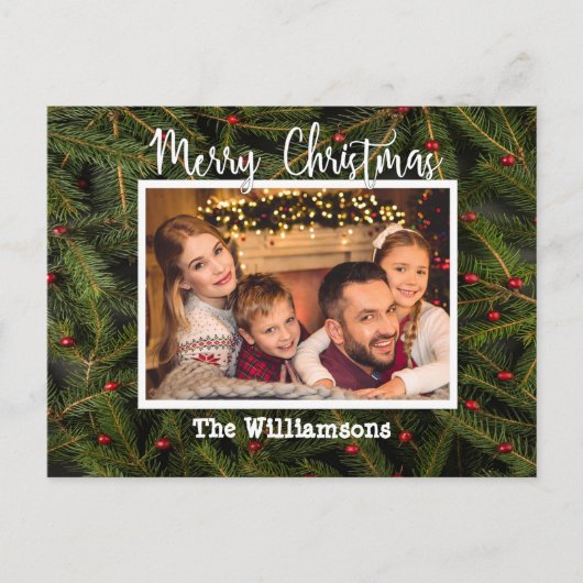 Je foto op een bed van Pine Merry Kerstmis Feestdagenkaart (Voorkant)