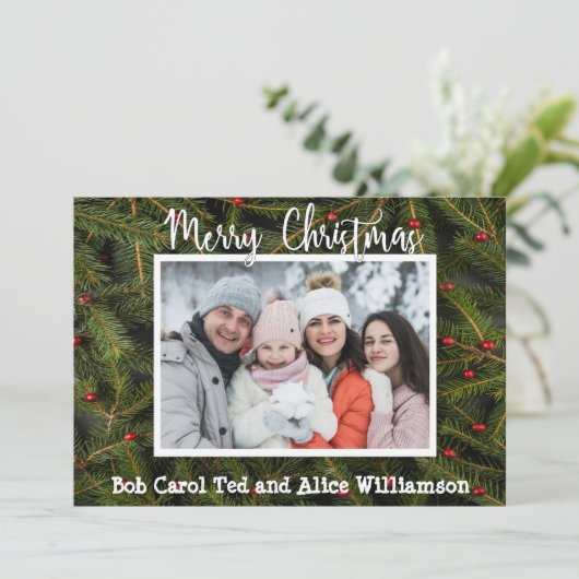 Je foto op Pine Boughs Merry Kerstmis Feestdagenkaart (Staand voorkant)