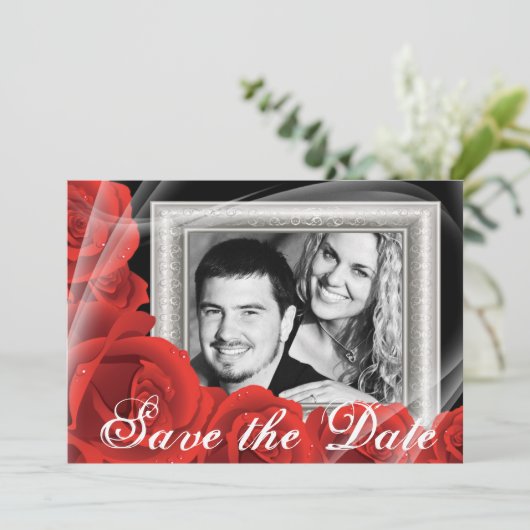 Je foto Rood Roos Weddenschap Bewaar de datumkaart Save The Date (Staand voorkant)