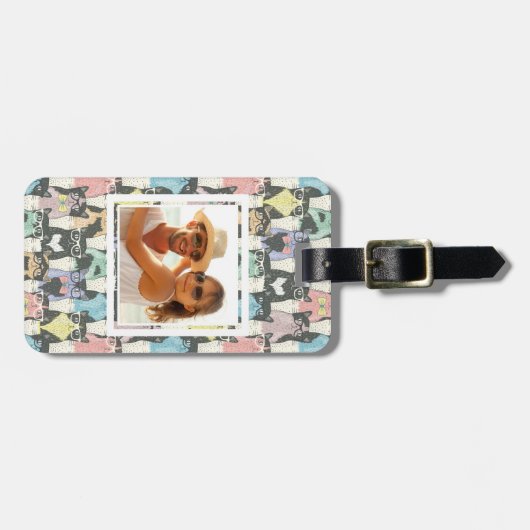 Je foto toevoegen | Cute Hipster Cats Pattern Bagagelabel (Voorkant horizontaal)