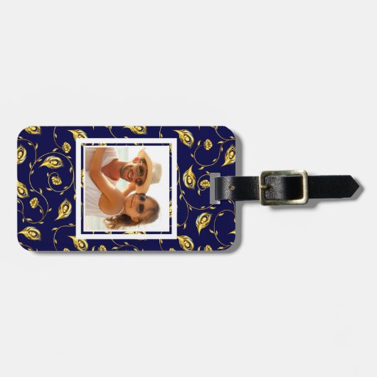 Je foto toevoegen | Donkerblauw Peacock-patroon Bagagelabel (Voorkant horizontaal)