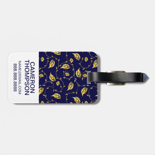 Je foto toevoegen | Donkerblauw Peacock-patroon Bagagelabel (Achterkant horizontaal)