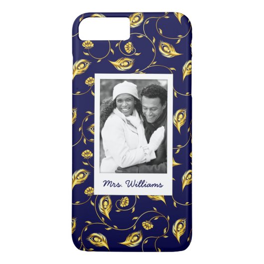 Je foto toevoegen | Donkerblauw Peacock-patroon Case-Mate iPhone Case (Achterkant)